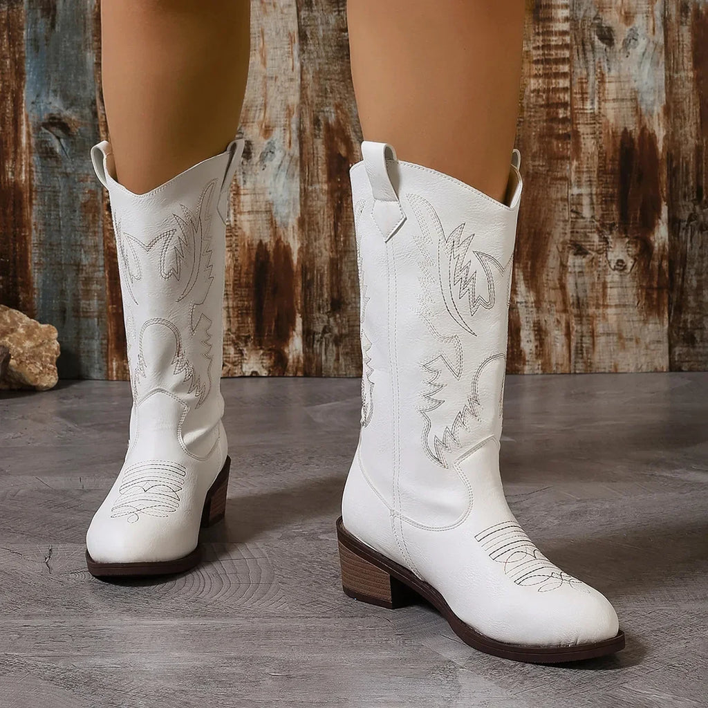 Santiag mi-haute blanc Synthétique Femme - Broderies western