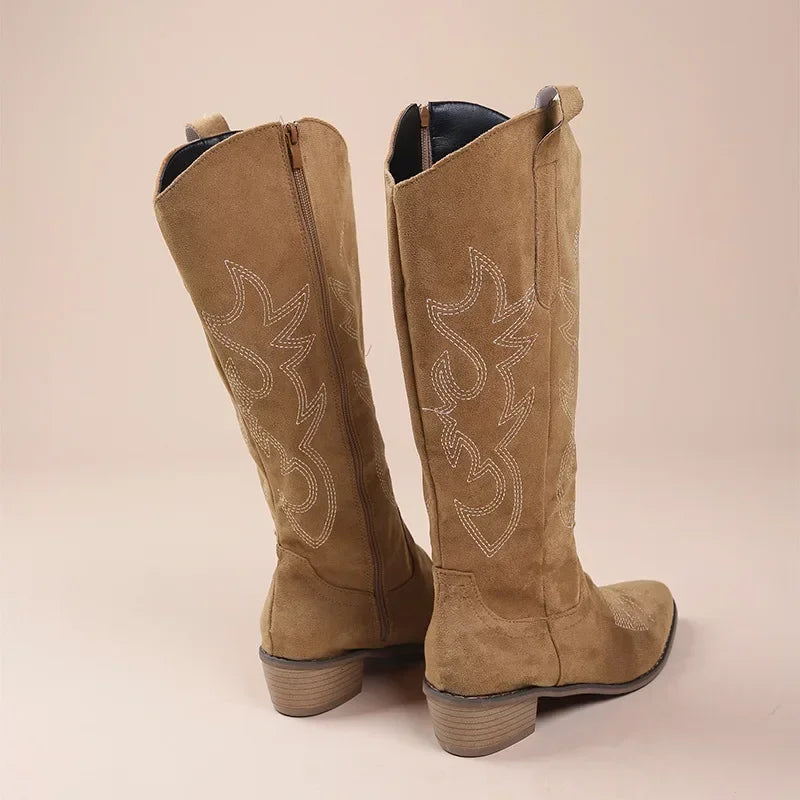 Santiag haute camel Daim Femme - Broderies florales