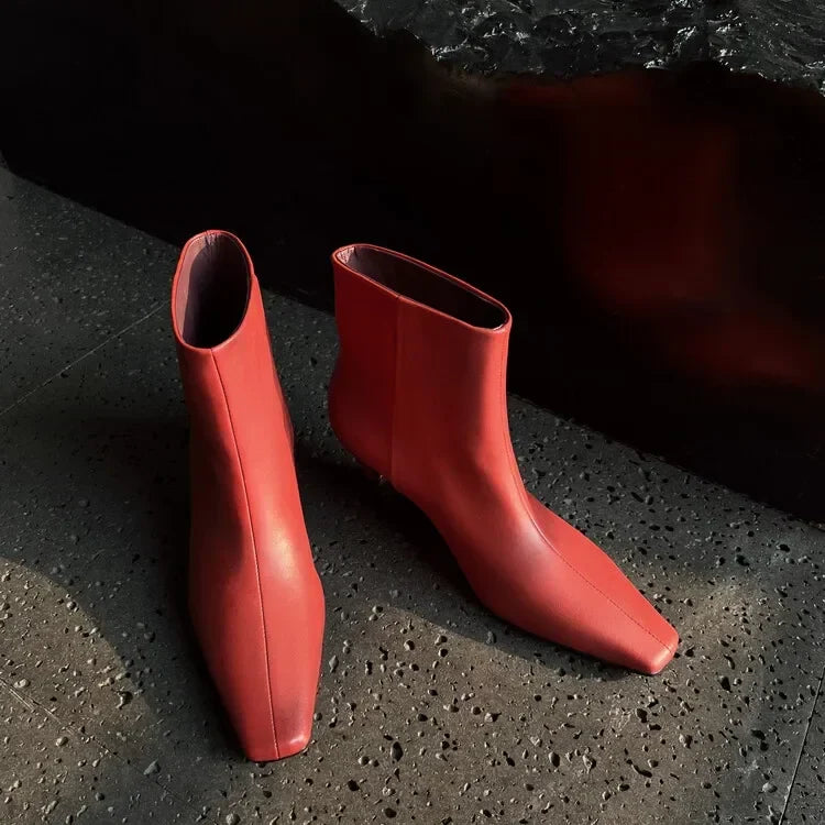 Bottine haute rouge Cuir Femme - Bout carré