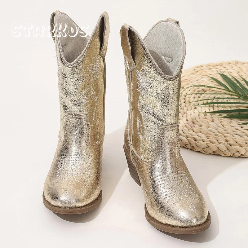Santiag haute dorée Simili Cuir Fille - Broderies florales