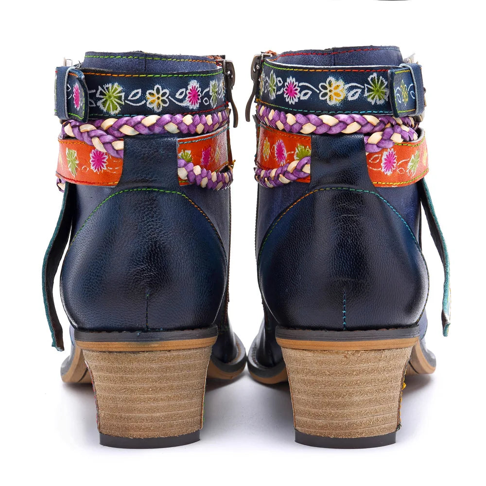 Santiag mi-haute bleu Cuir Femme - Broderies florales, sangles