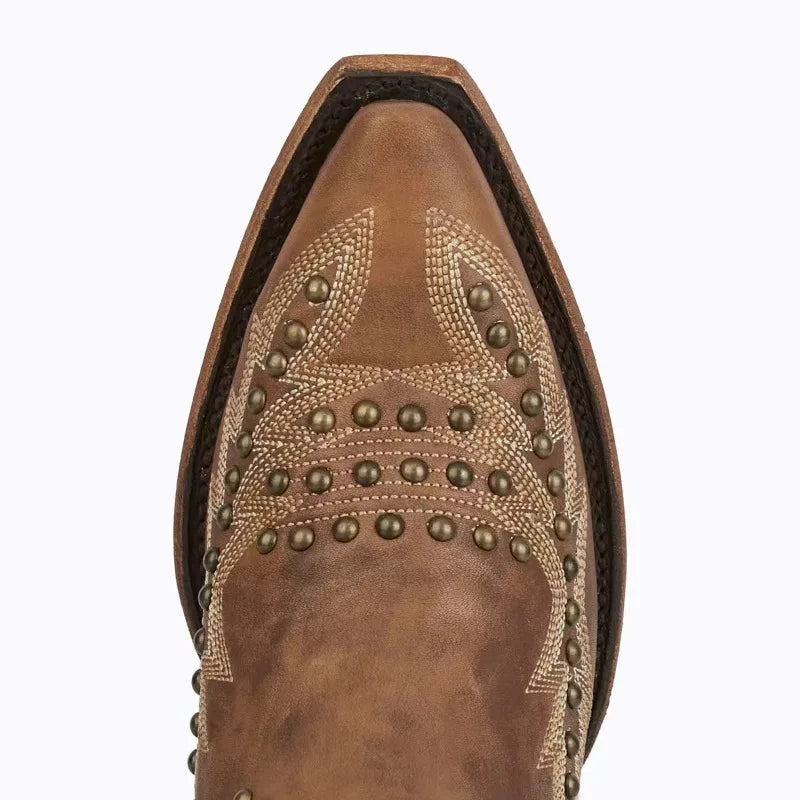 Santiag haute marron Simili Cuir Femme - Rivets, style cowboy