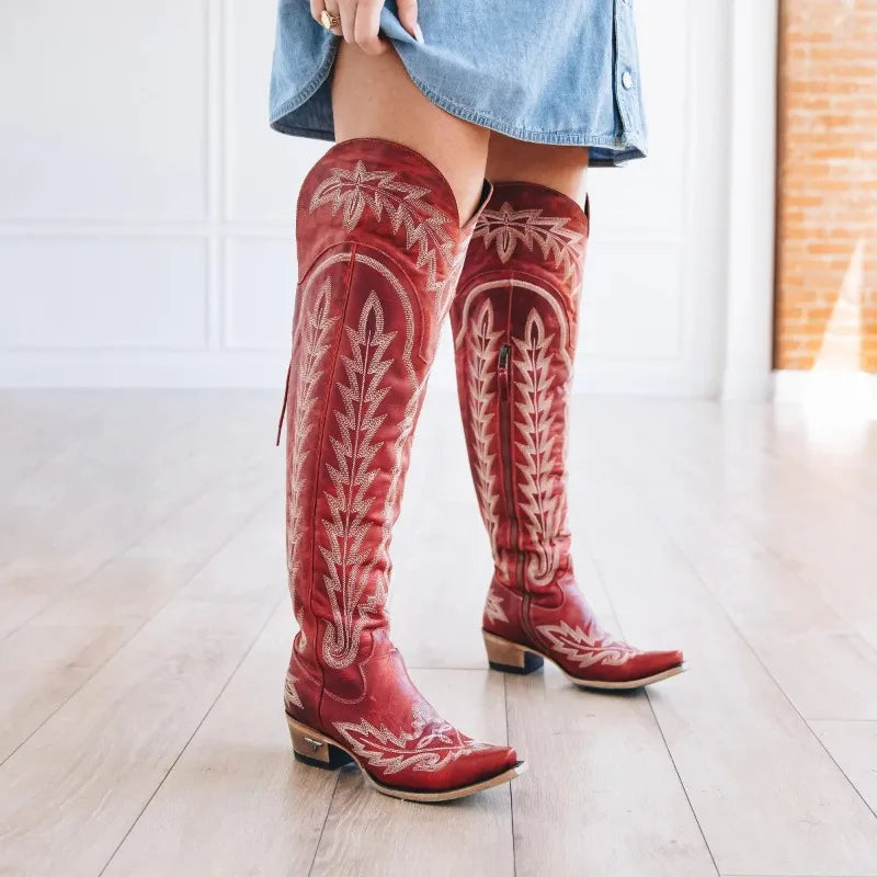 Santiag haute rouge Synthétique Femme - Broderies, clous