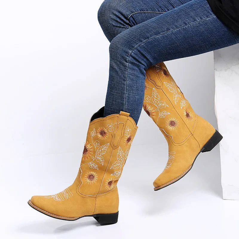 Santiag mi-haute jaune Simili Cuir Femme - Broderies florales