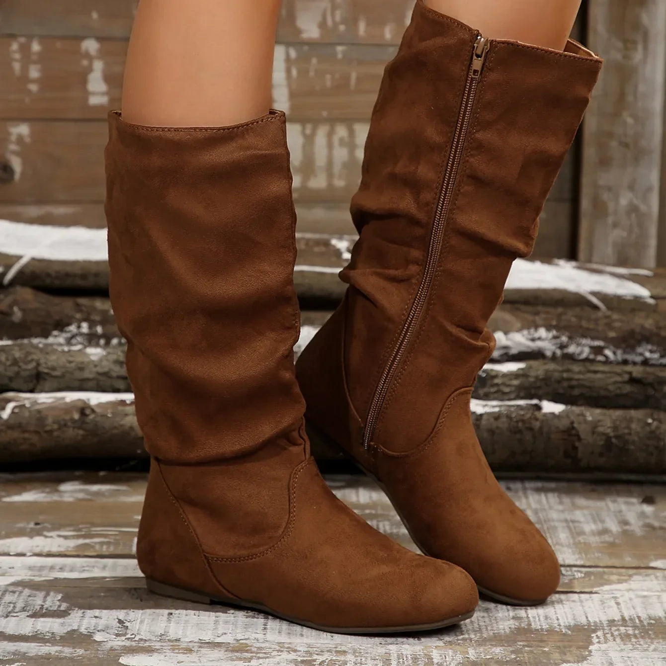 Santiag mi-haute marron Daim Synthétique Femme - Bout arrondi