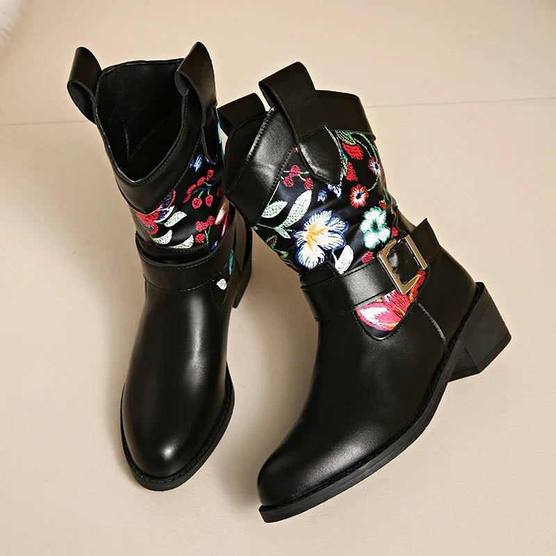 Santiag mi-haute noir Simili Cuir Femme - Broderies florales