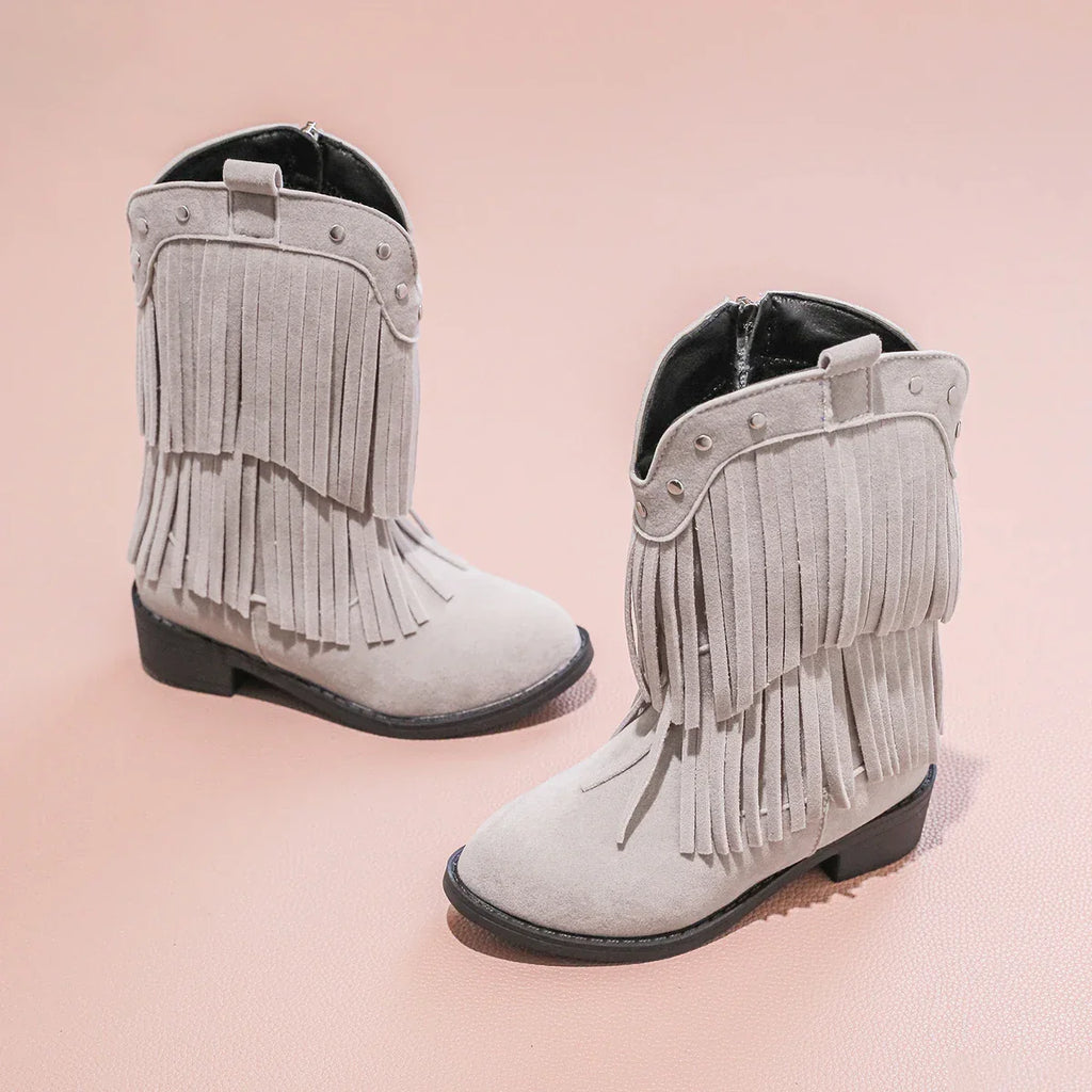 Santiag mi-haute beige Daim Fille - Franges, clous western