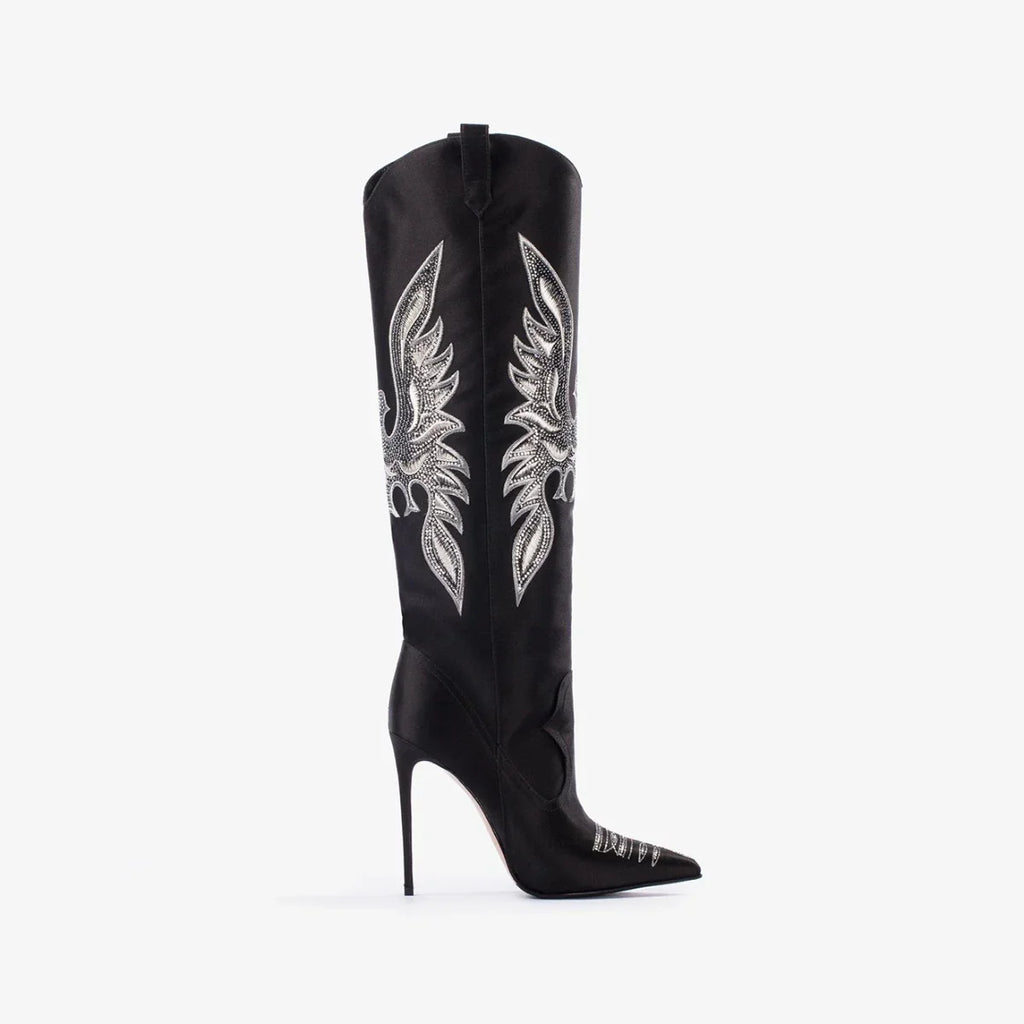 Santiag haute noir Synthétique Femme - Broderies aigle argenté