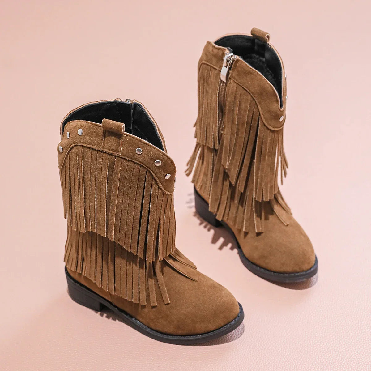 Santiag haute marron Daim Fille - Franges longues