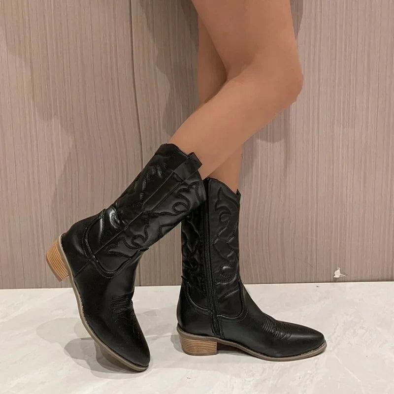 Santiag mi-haute noir Simili Cuir Femme - Broderies western, semelle bois