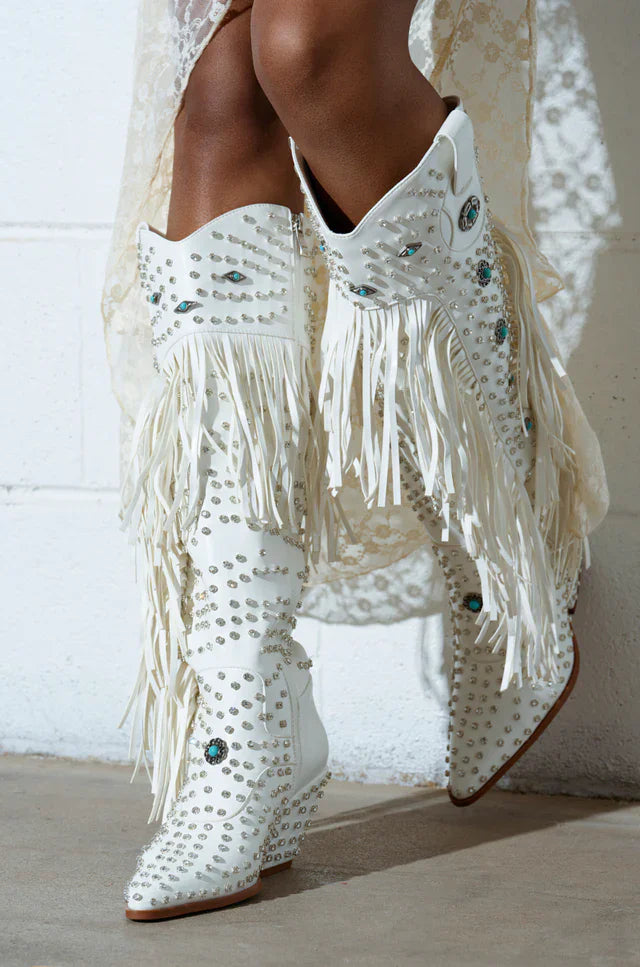 Santiag haute blanc Simili Cuir Femme - Franges, motifs bleus