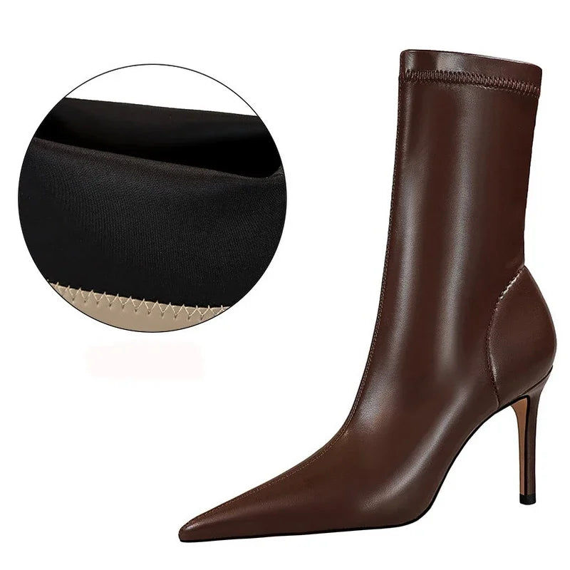 Botte haute marron Simili Cuir Femme - Bout pointu, talon aiguille