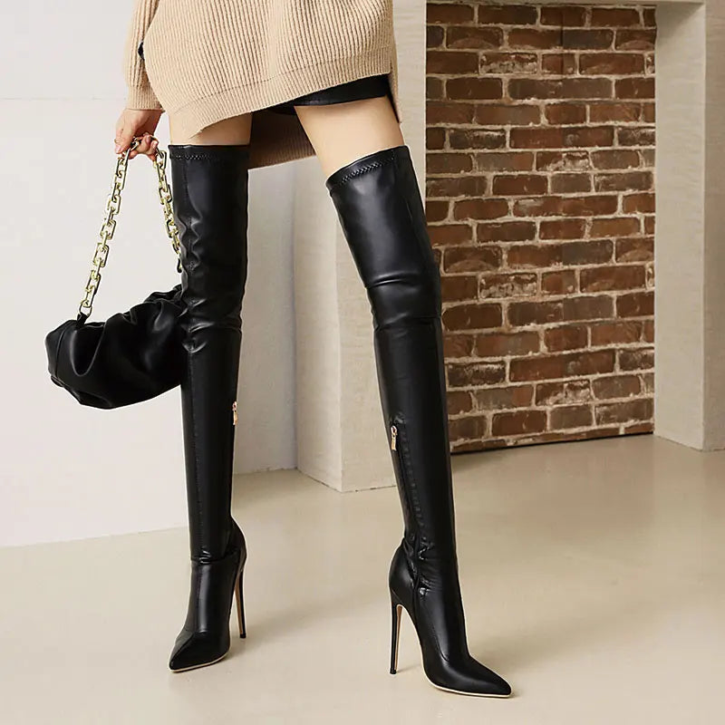 Botte haute noir Synthétique Femme - Cuissarde vernie, talon aiguille
