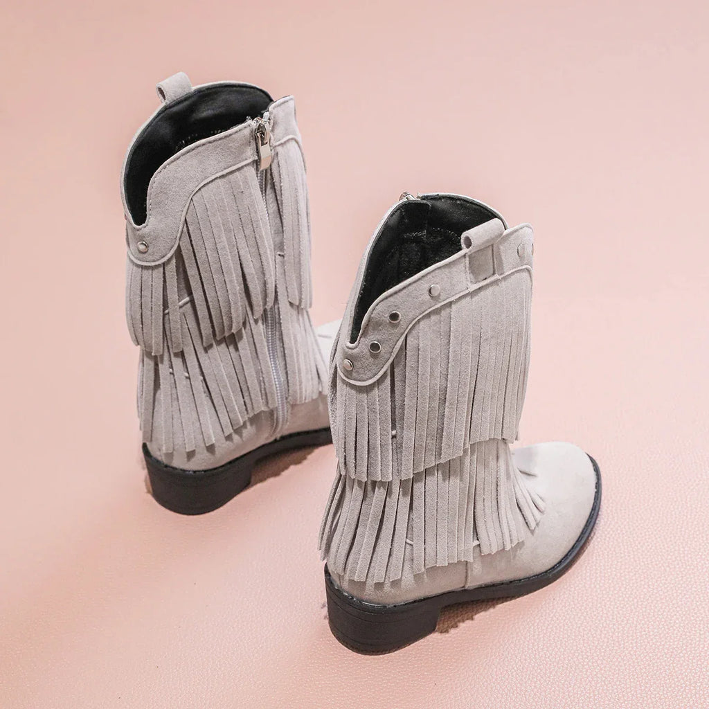Santiag mi-haute beige Daim Fille - Franges, clous western