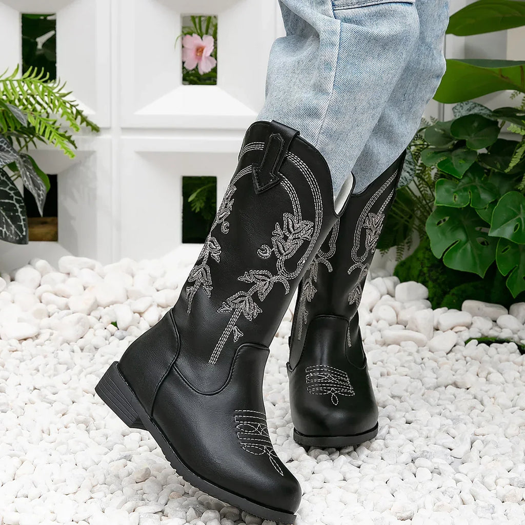 Santiag mi-haute noir Cuir Fille - Broderies florales contrastées