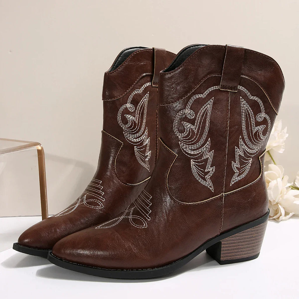 Santiag mi-haute marron Simili Cuir Femme - Broderies contrastées
