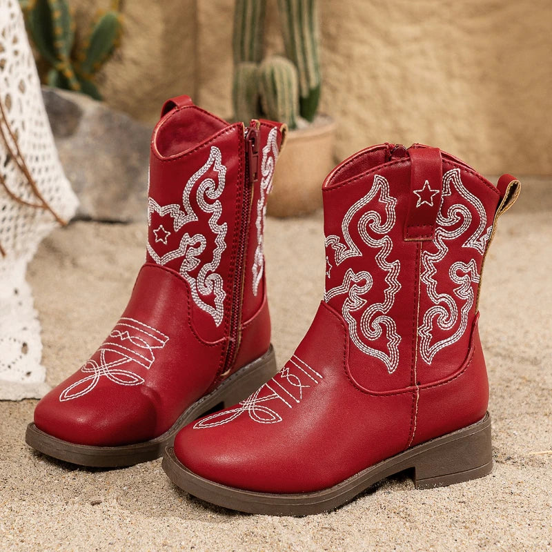 Santiag mi-haute rouge Cuir Fille - Broderies, style cowboy