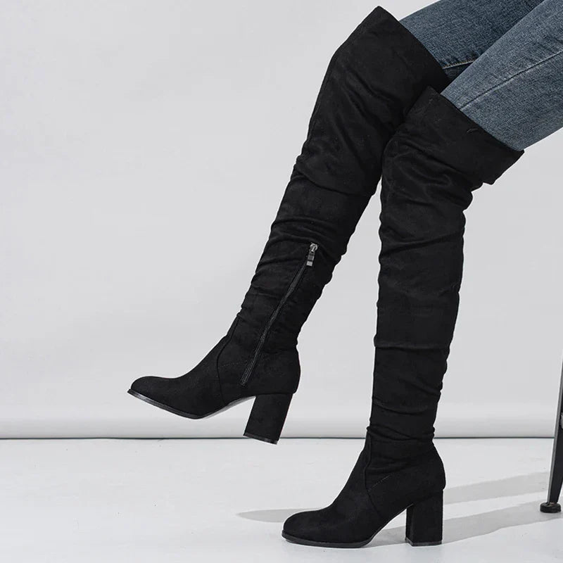 Botte haute noir Daim Synthétique Femme - Tige plissée