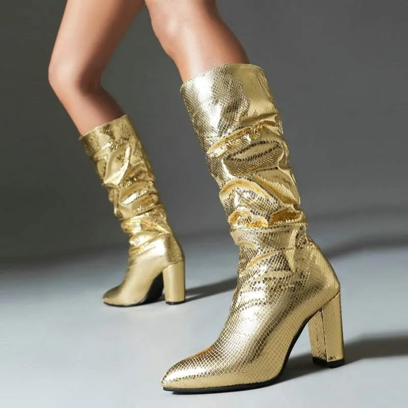 Botte haute doré Simili Cuir Femme - Motif python