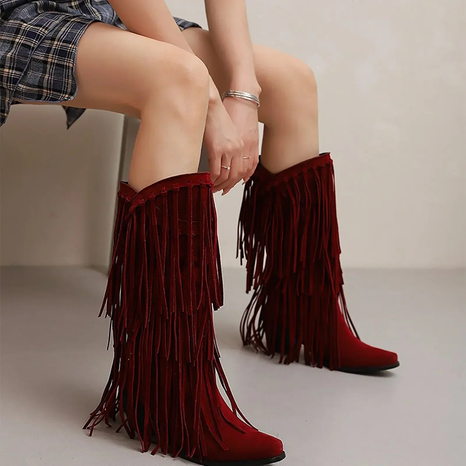 Santiag mi-haute marron foncé Simili Cuir Femme - Franges longues