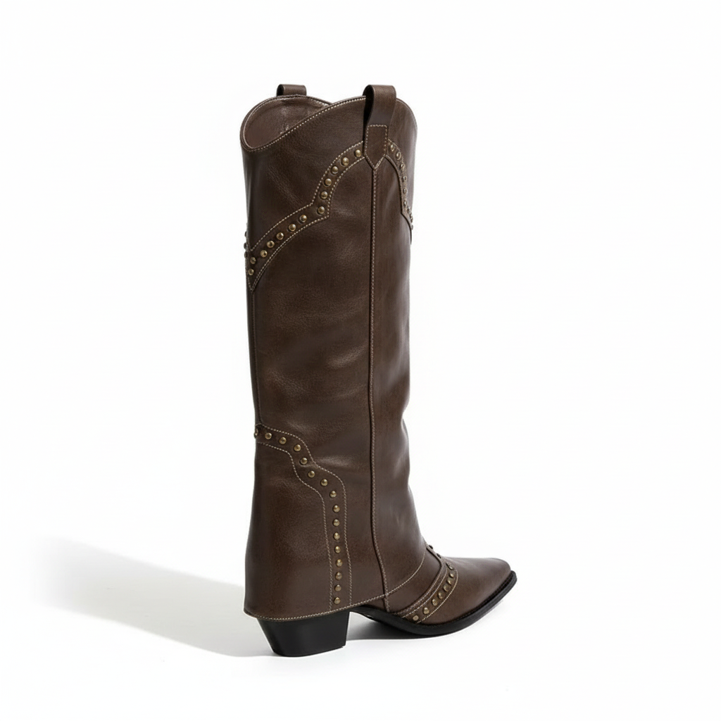 Santiag mi-haute marron foncé Simili Cuir Femme - Rivets, bout pointu