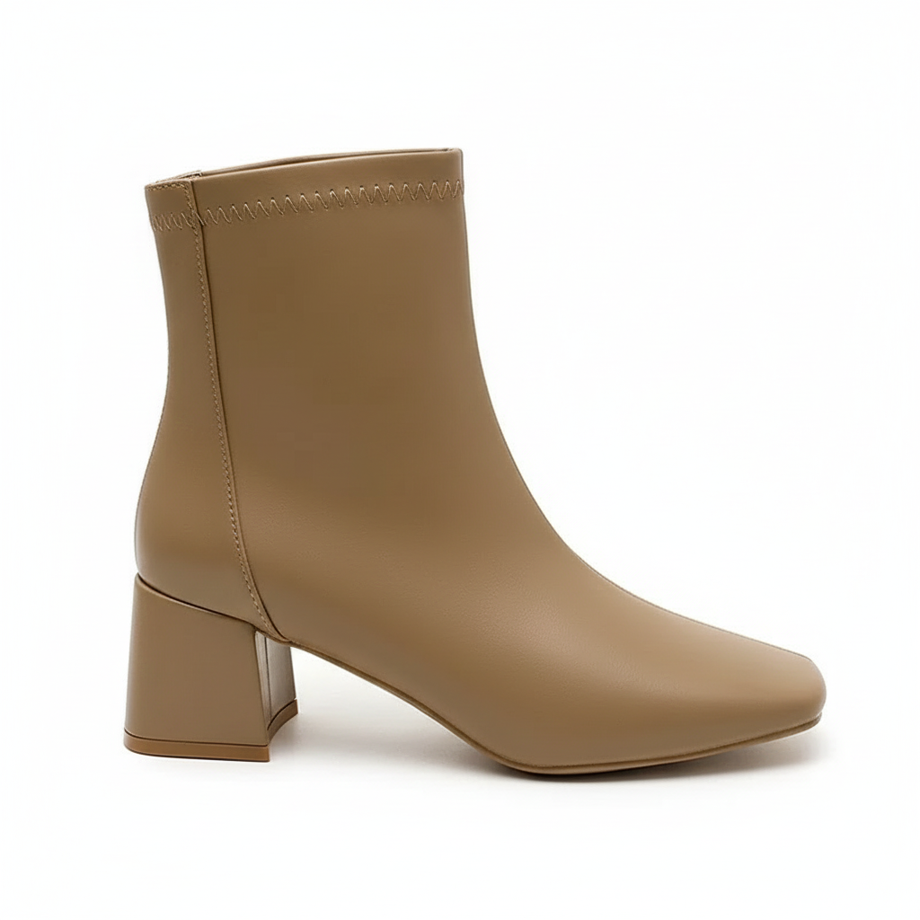 Bottine à talon camel Simili Cuir Femme - Bout carré