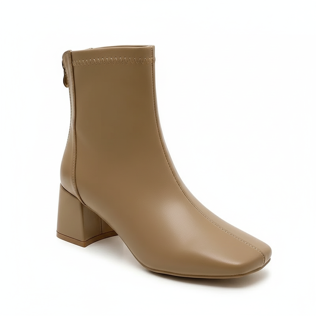 Bottine à talon camel Simili Cuir Femme - Bout carré