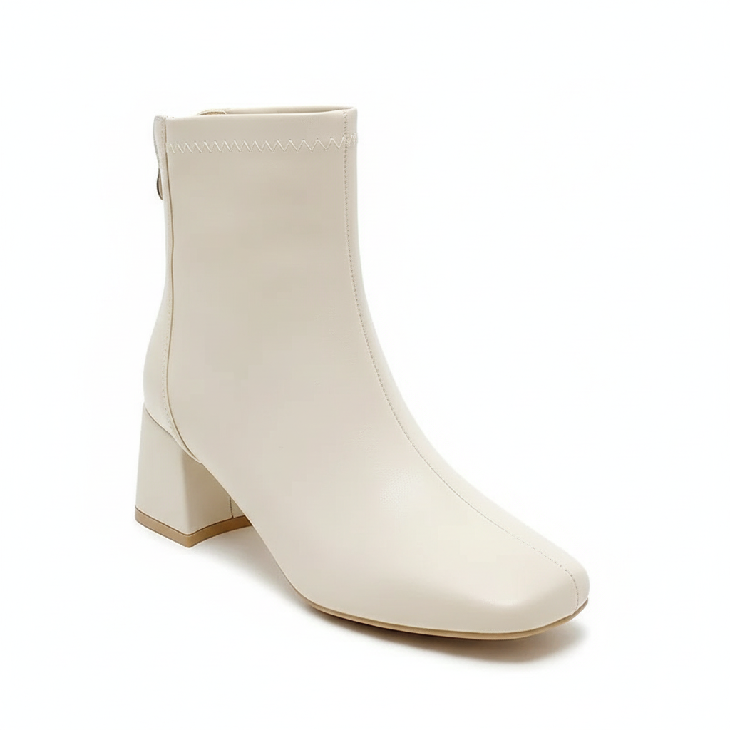 Bottine beige Simili Cuir Femme - Talon bloc, zip arrière