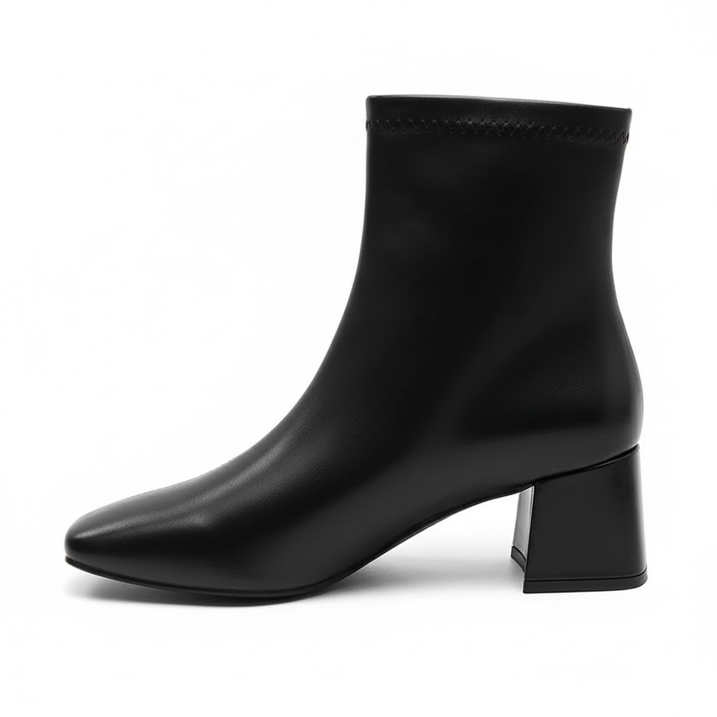 Bottine à talon noir Simili Cuir Femme - Bout carré, talon bloc