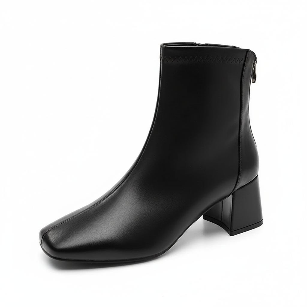 Bottine à talon noir Simili Cuir Femme - Bout carré, talon bloc