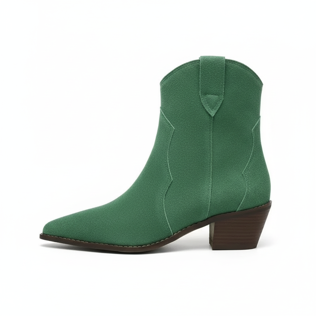 Santiag mi-haute vert Daim Femme - Talon carré, bout pointu