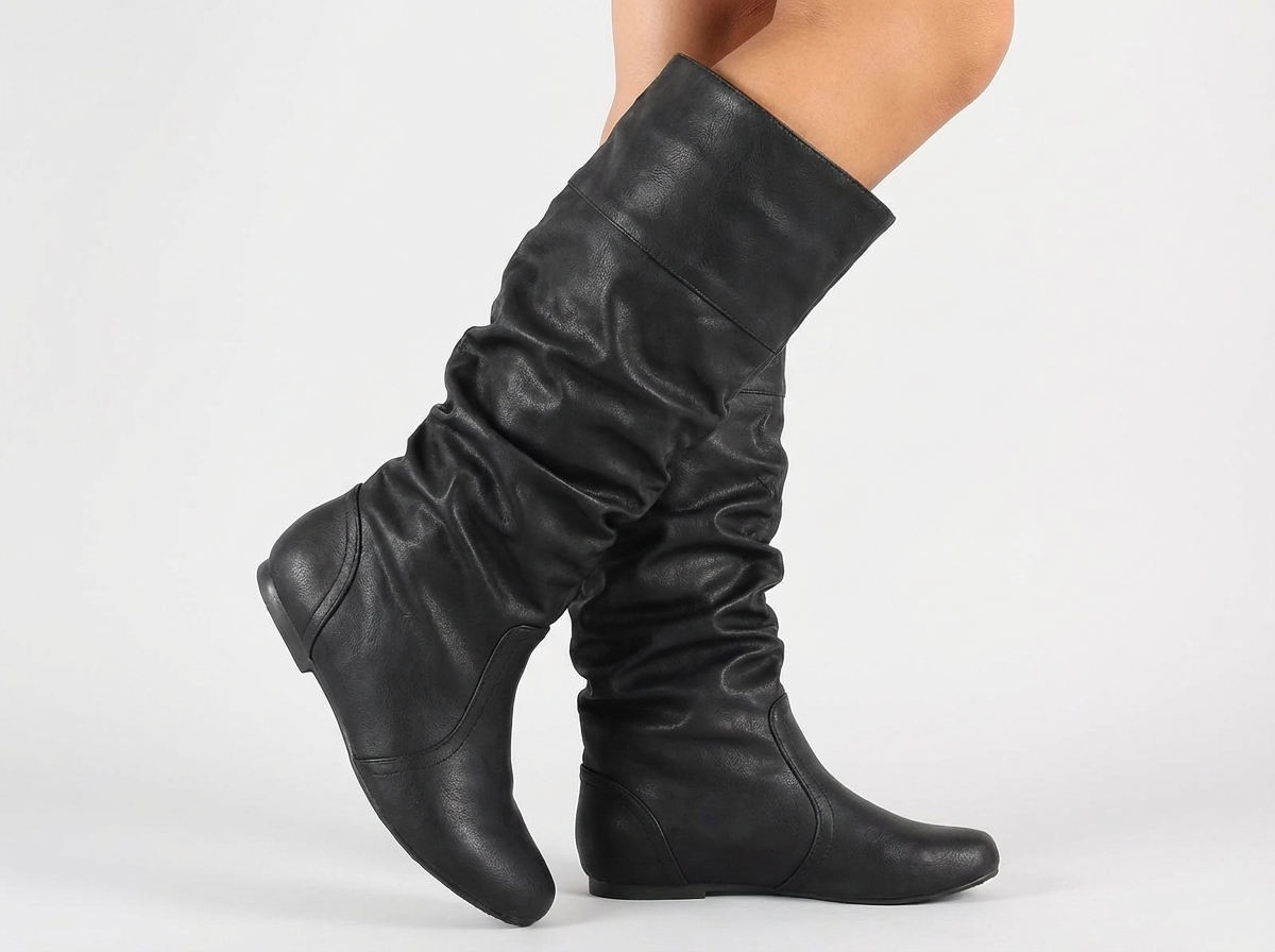 Santiag mi-haute noir Simili Cuir Femme - Effet plissé