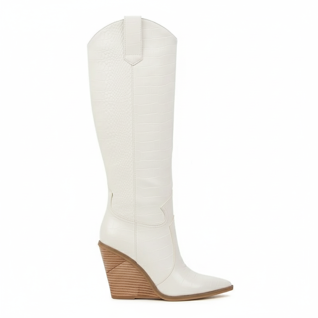 Santiag haute blanc Synthétique Femme - Talon compensé, motif python