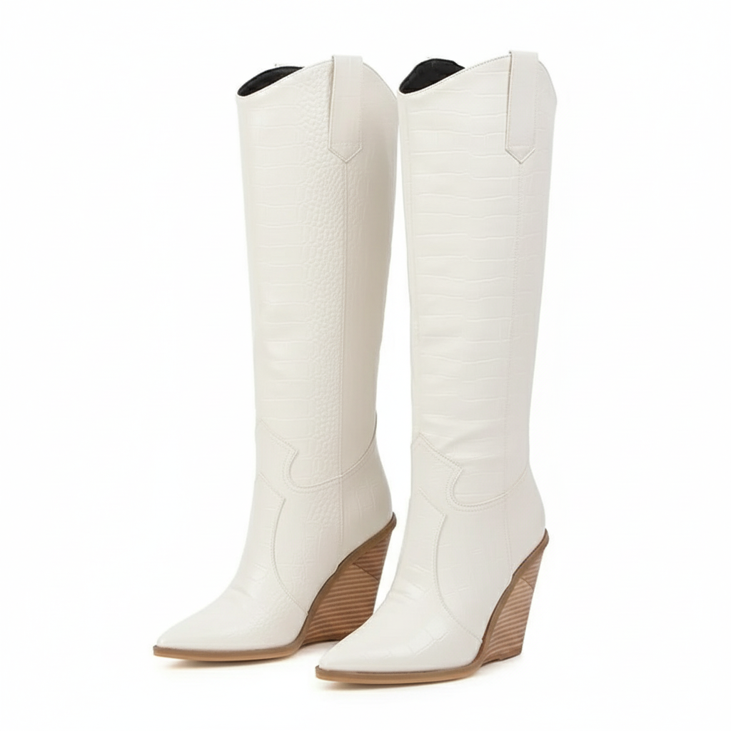 Santiag haute blanc Synthétique Femme - Talon compensé, motif python