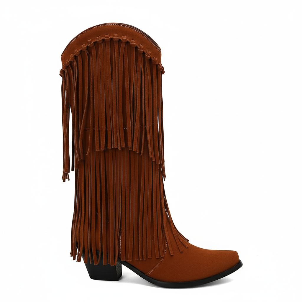 Santiag haute marron Daim Synthétique Femme - Franges longues, talon cubique