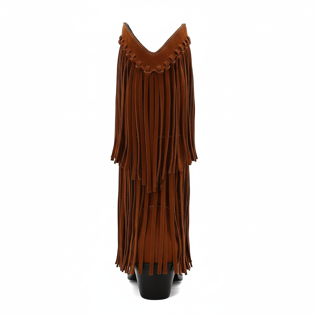 Santiag haute marron Daim Synthétique Femme - Franges longues, talon cubique