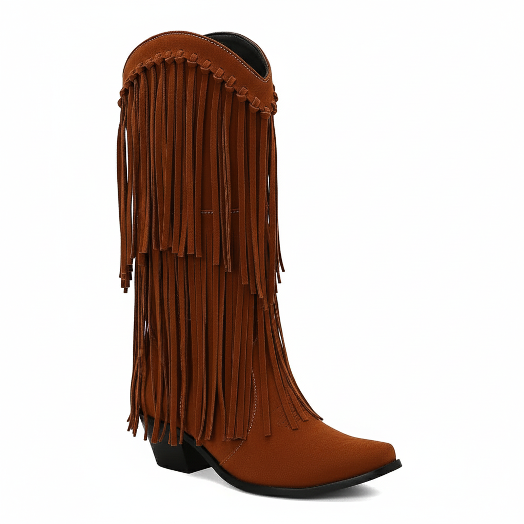 Santiag haute marron Daim Synthétique Femme - Franges longues, talon cubique