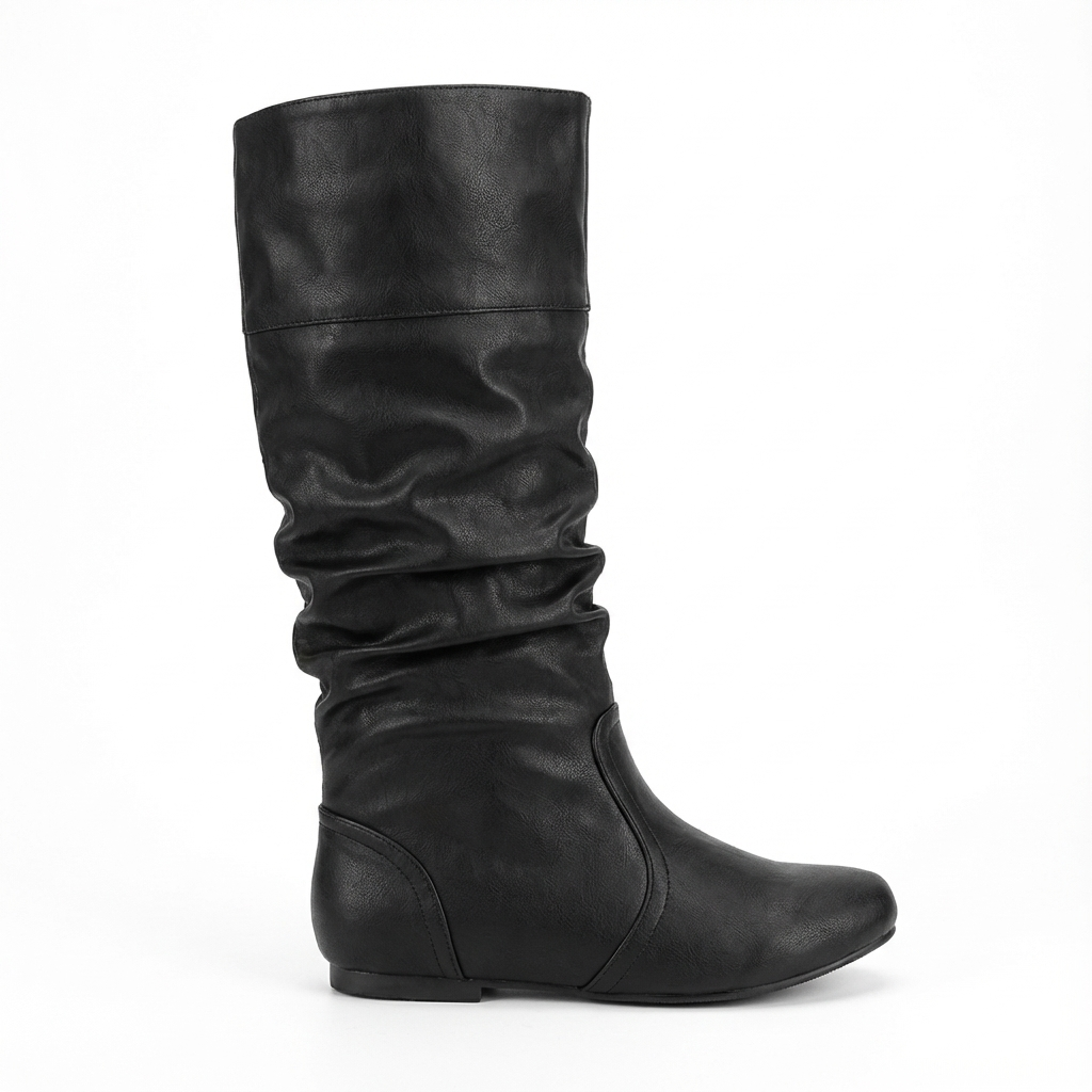 Santiag mi-haute noir Simili Cuir Femme - Effet plissé