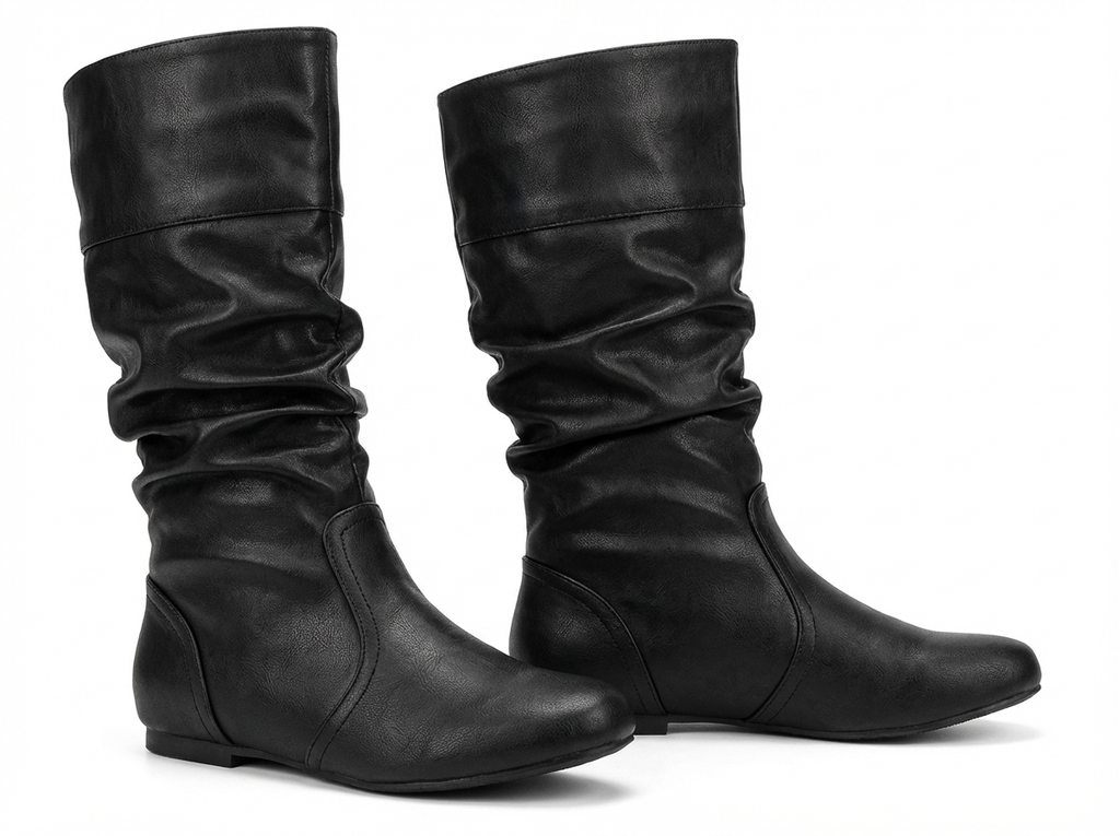 Santiag mi-haute noir Simili Cuir Femme - Effet plissé
