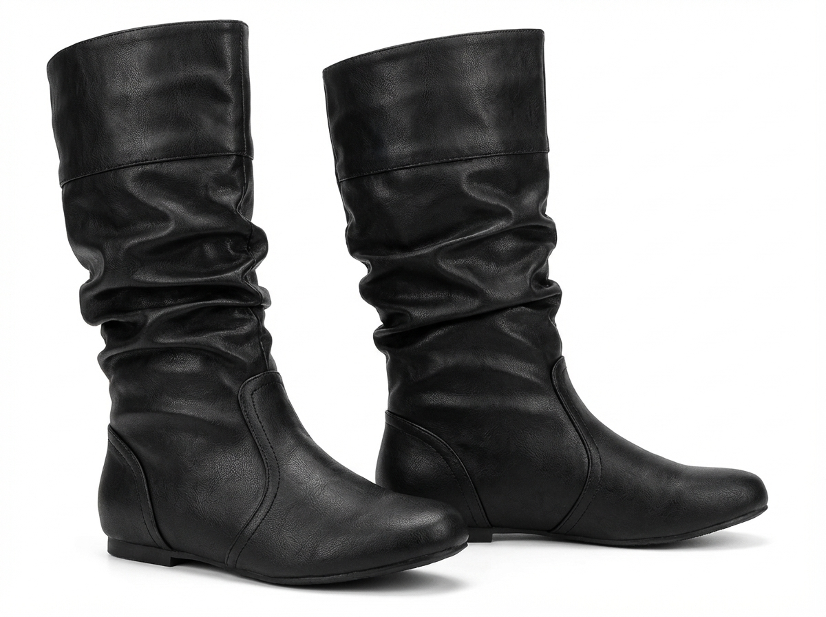 Santiag mi-haute noir Simili Cuir Femme - Effet plissé