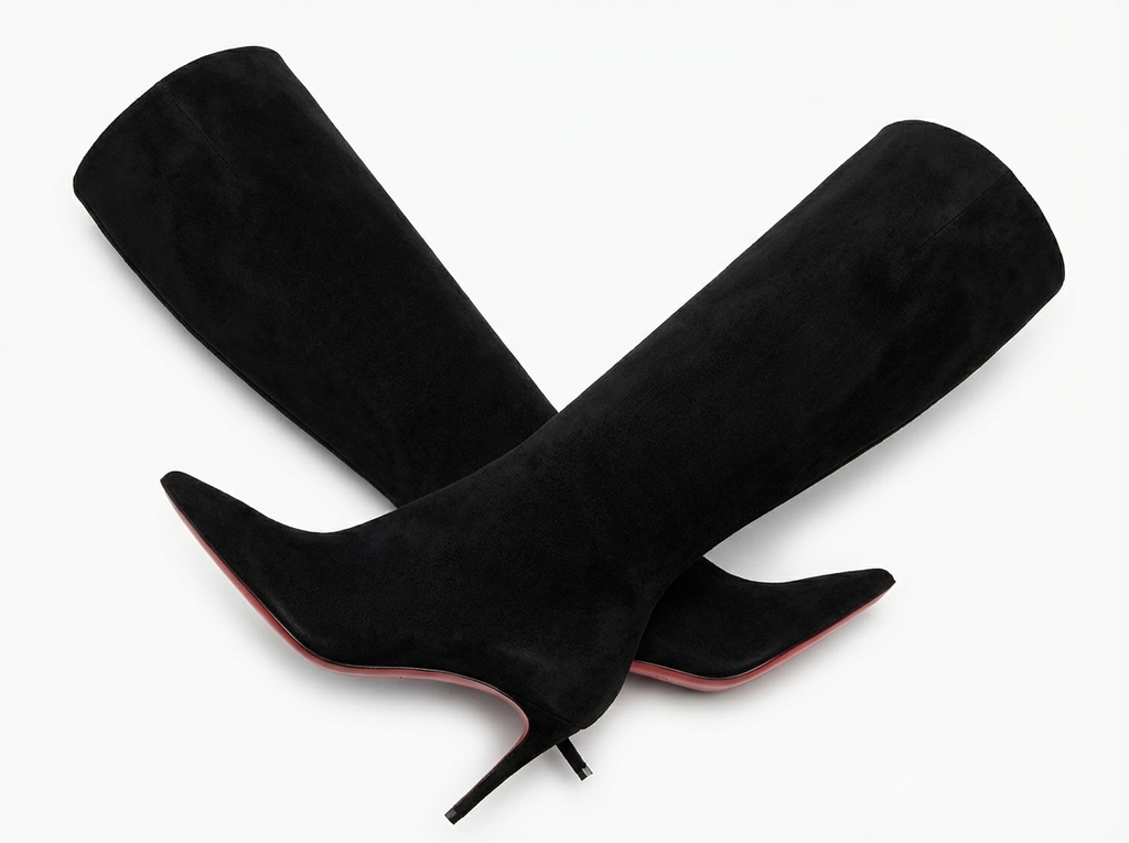 Botte haute noir Daim Synthétique Femme - Semelle rouge
