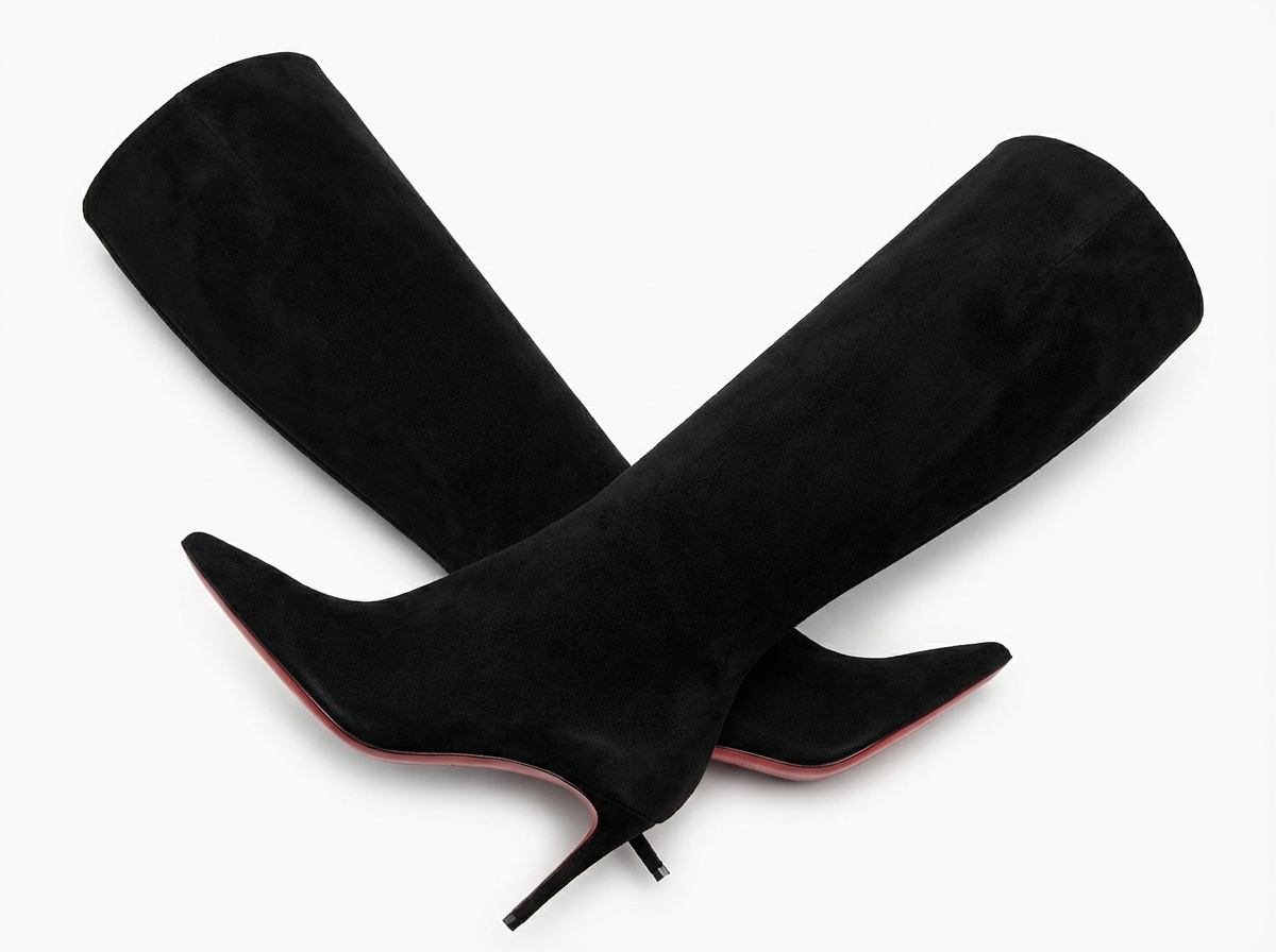 Botte haute noir Daim Synthétique Femme - Semelle rouge