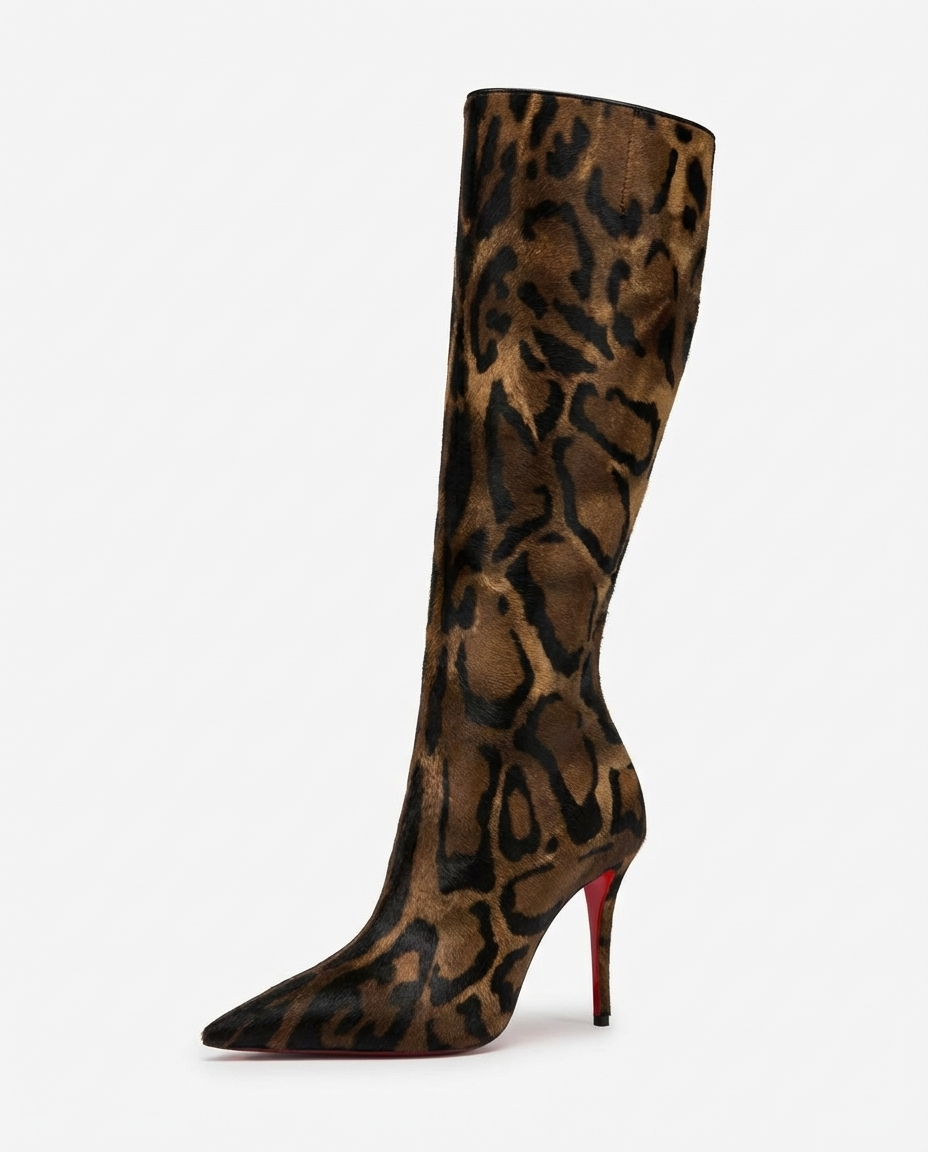 Botte haute marron foncé Synthétique Femme - Léopard, talon aiguille