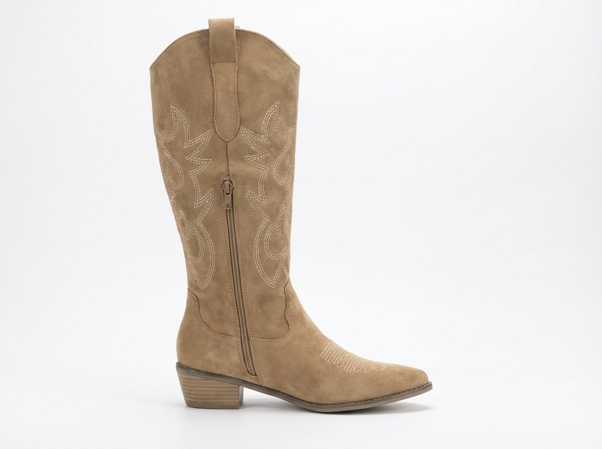 Santiag haute beige Simili Cuir Femme - Broderies western, talon bois