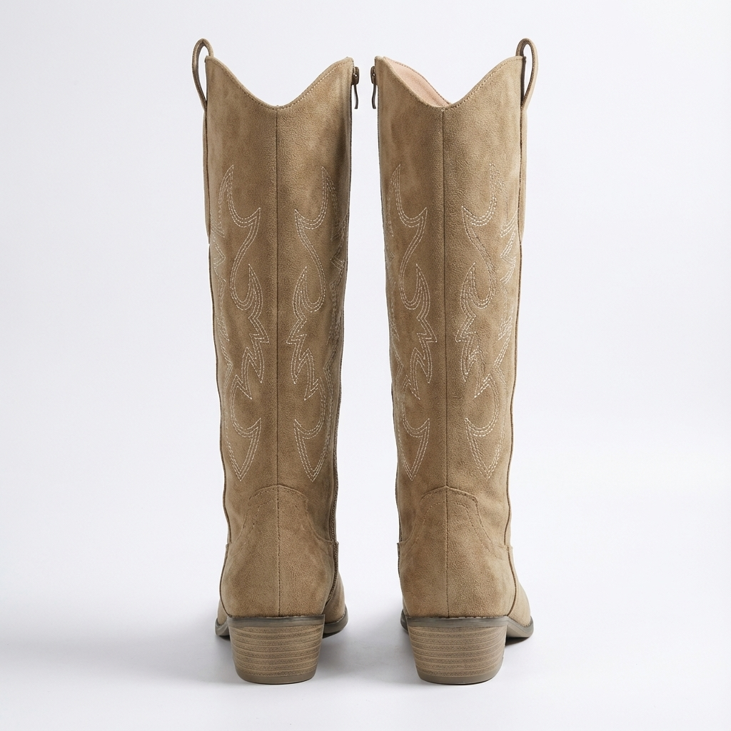 Santiag haute beige Simili Cuir Femme - Broderies western, talon bois