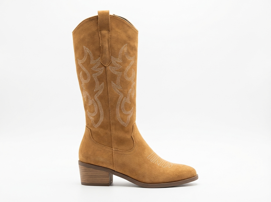 Santiag haute camel Daim Femme - Broderies florales, talon cubain