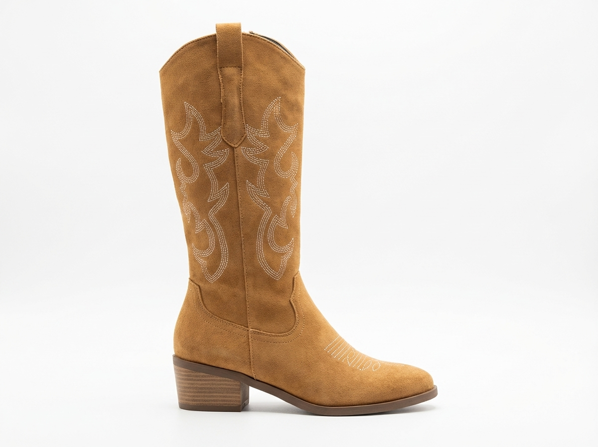 Santiag haute camel Daim Femme - Broderies florales, talon cubain