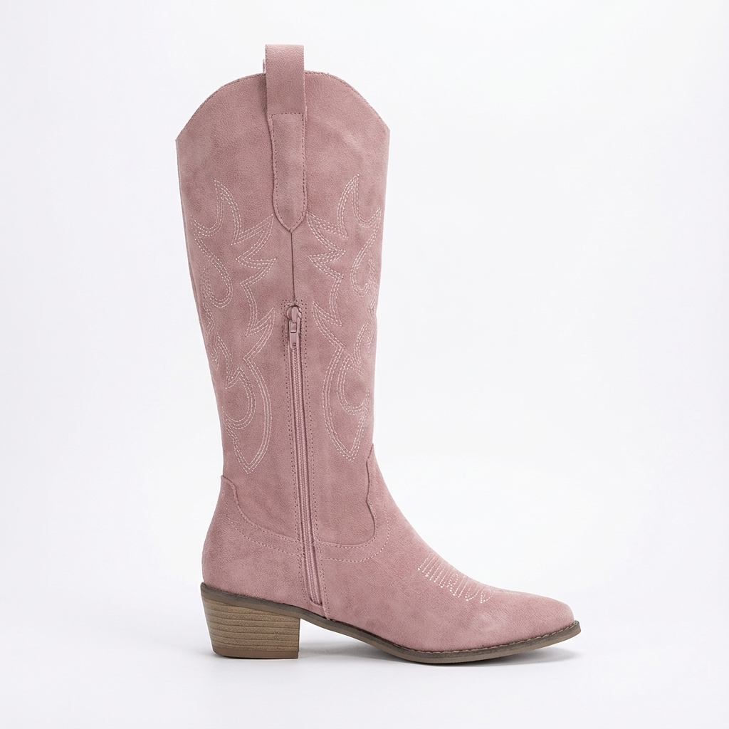 Santiag mi-haute rose Simili Cuir Femme - Broderies florales