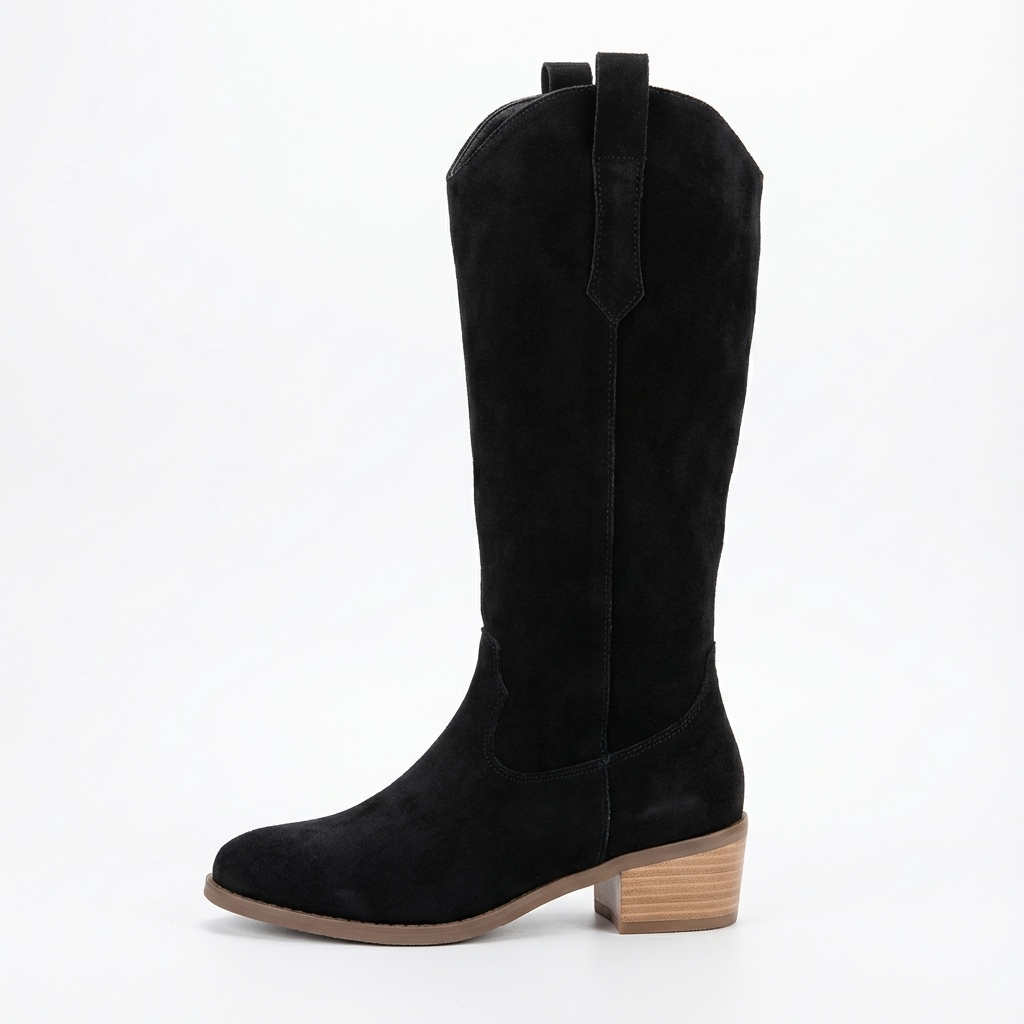 Santiag haute noir Daim Femme - Talon carré bois, style western
