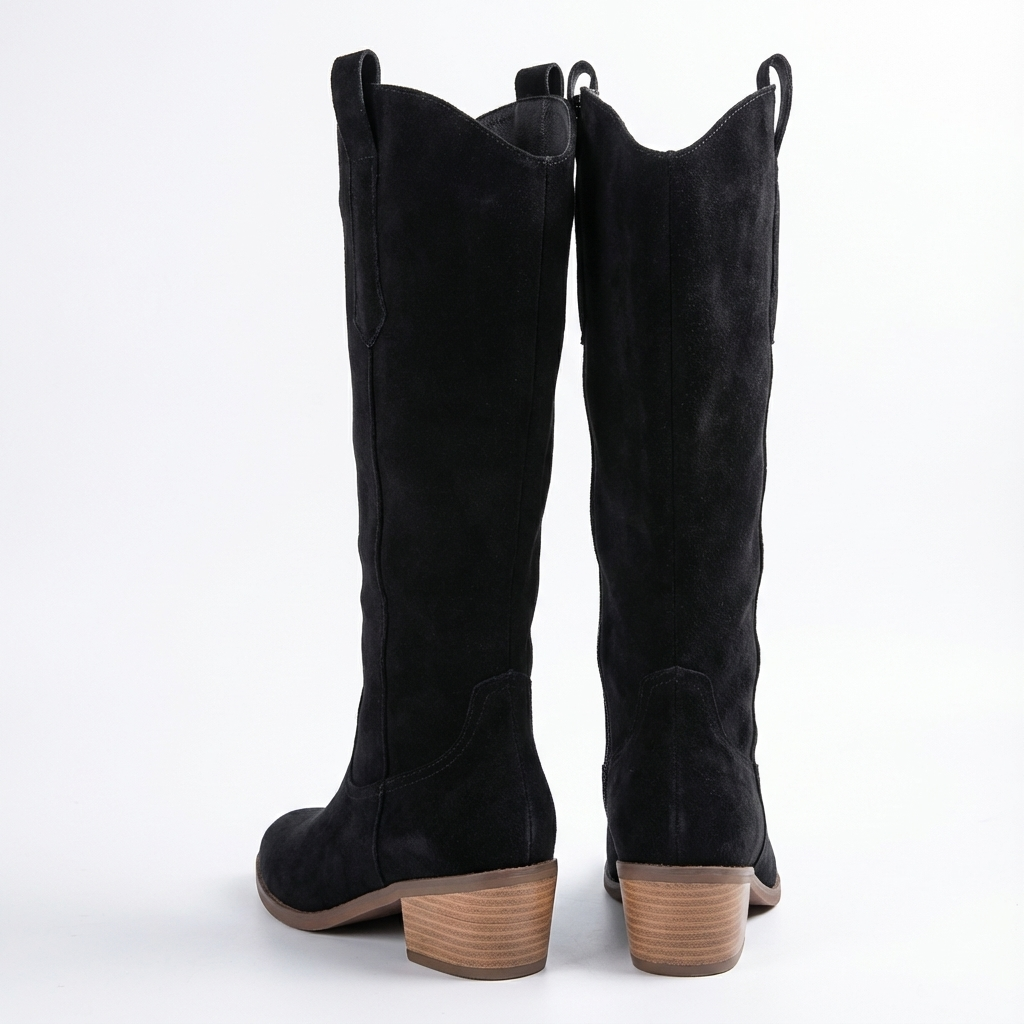 Santiag haute noir Daim Femme - Talon carré bois, style western